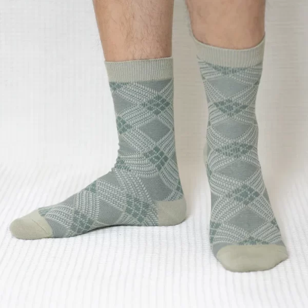 Beige Diamond Grid Quarter Combed Cotton Socks for Men
