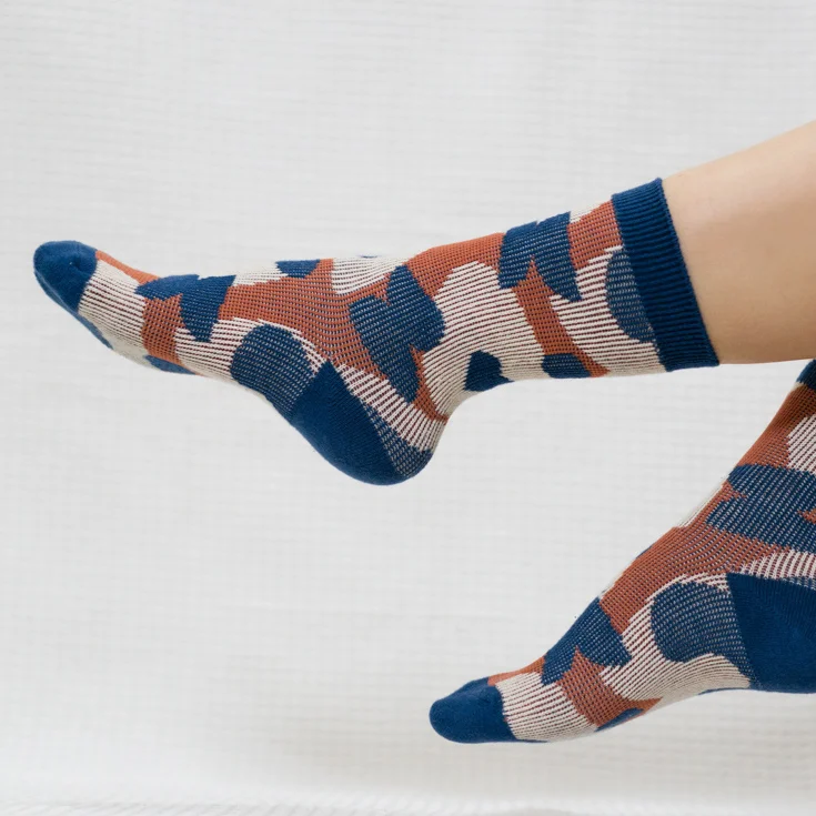 Beige Floral Print Quarter Combed Cotton Socks for Women