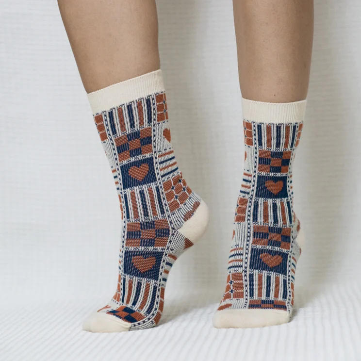 Beige Heart Patterned Quarter Combed Cotton Socks for Women