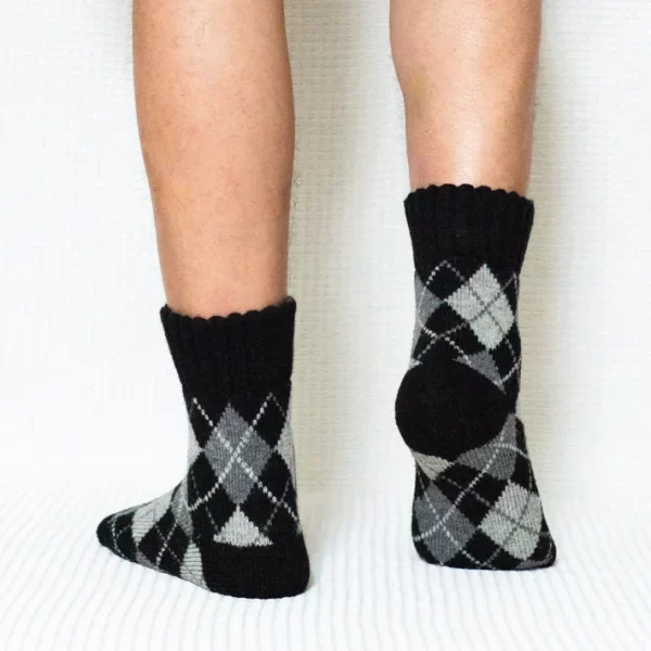 Black Argyle Print Quarter Wool Socks for Men