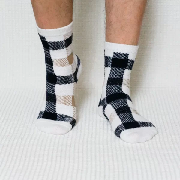 Black Beige Plaid Quarter Combed Cotton Socks for Men