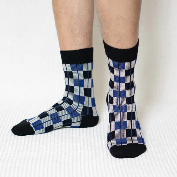Black Blue Plaid Quarter Combed Cotton Socks for Men