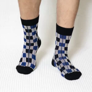 Black Blue Plaid Quarter Combed Cotton Socks for Men