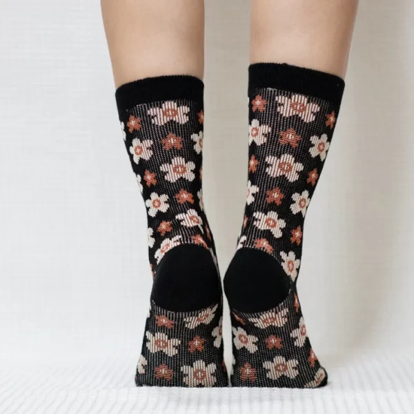 Black Floral Quarter Combed Cotton Socks for Women