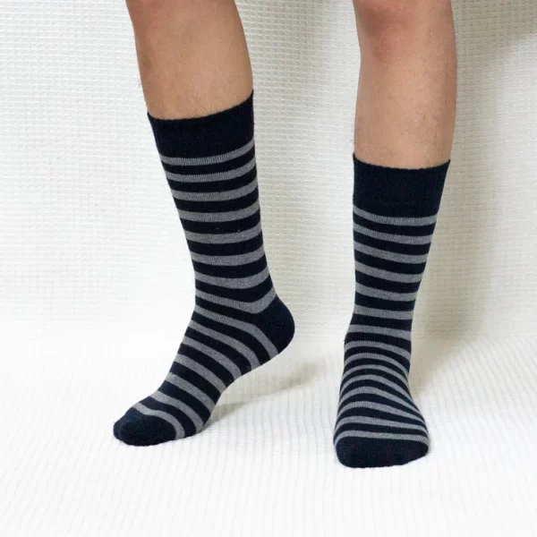 Black Grey Stripe Calf Combed Cotton Socks for Men