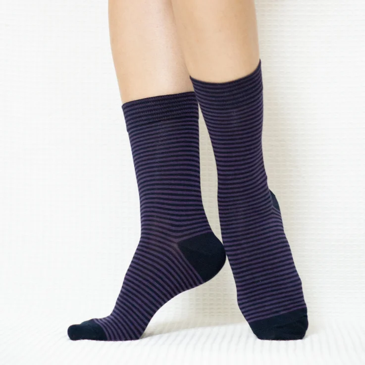 Black Purple Stripe Quarter Cotton Socks for Women's