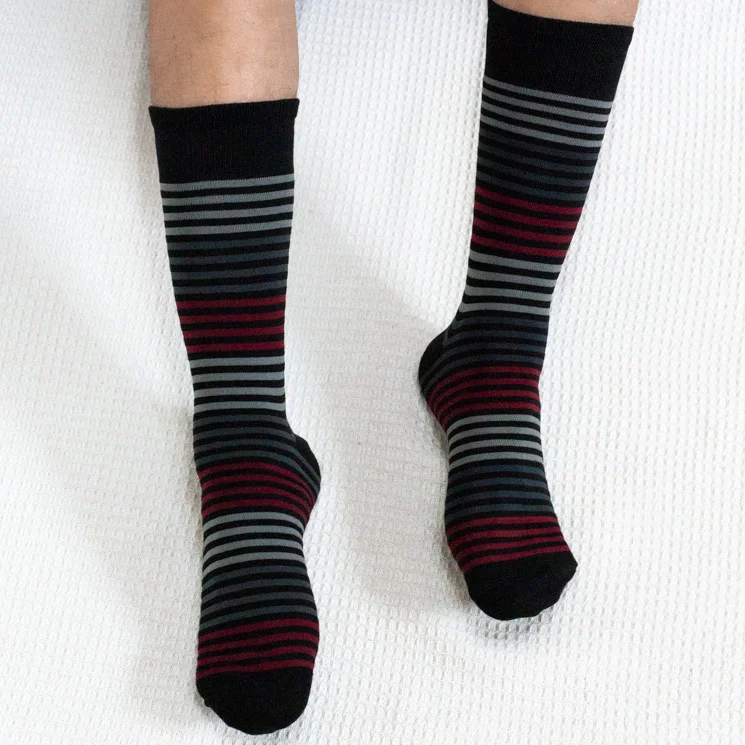 Black Red Grey Stripe Calf Combed Cotton Socks for Women