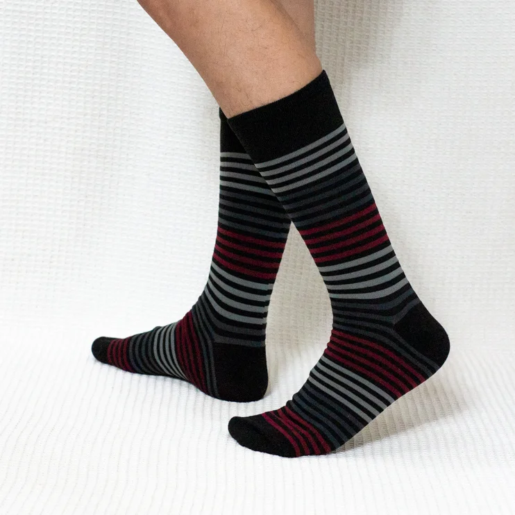 Black Red Grey Stripe Calf Combed Cotton Socks for Women