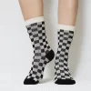 Black White Checkered Quarter Combed Cotton Socks for Women