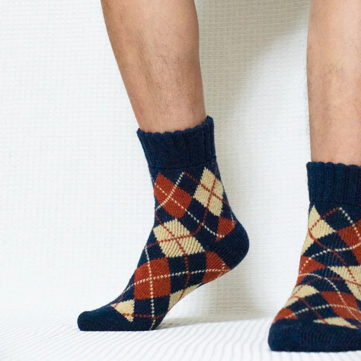 Blue Argyle Print Quarter Wool Socks for Men