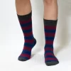 Blue Red Color Block Calf Combed Cotton Socks for Women