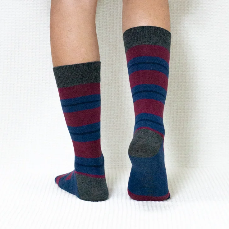 Blue Red Color Block Calf Combed Cotton Socks for Women