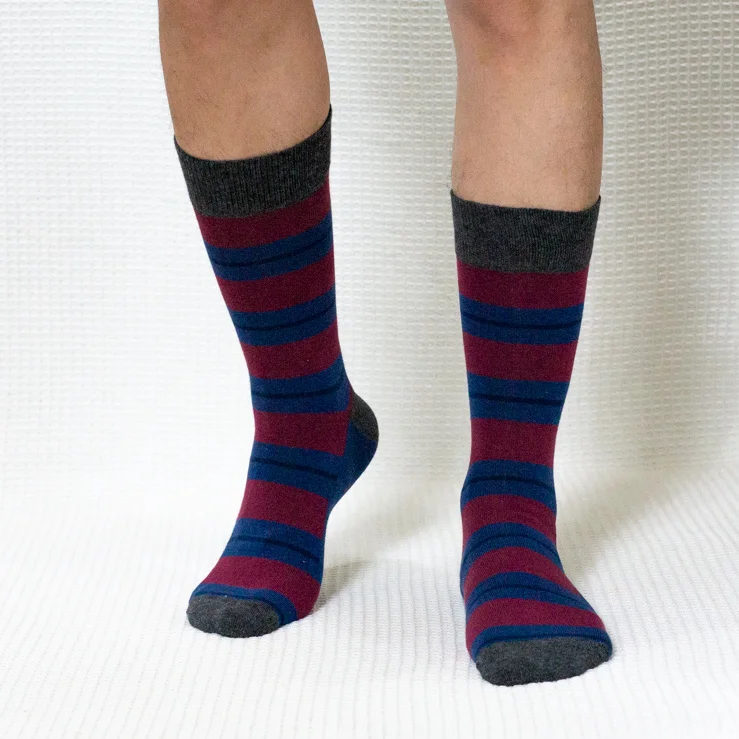 Blue Red Color Block Calf Combed Cotton Socks for Women