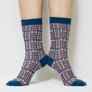 Blue Red Mini Plaid Quarter Combed Cotton Socks for Women