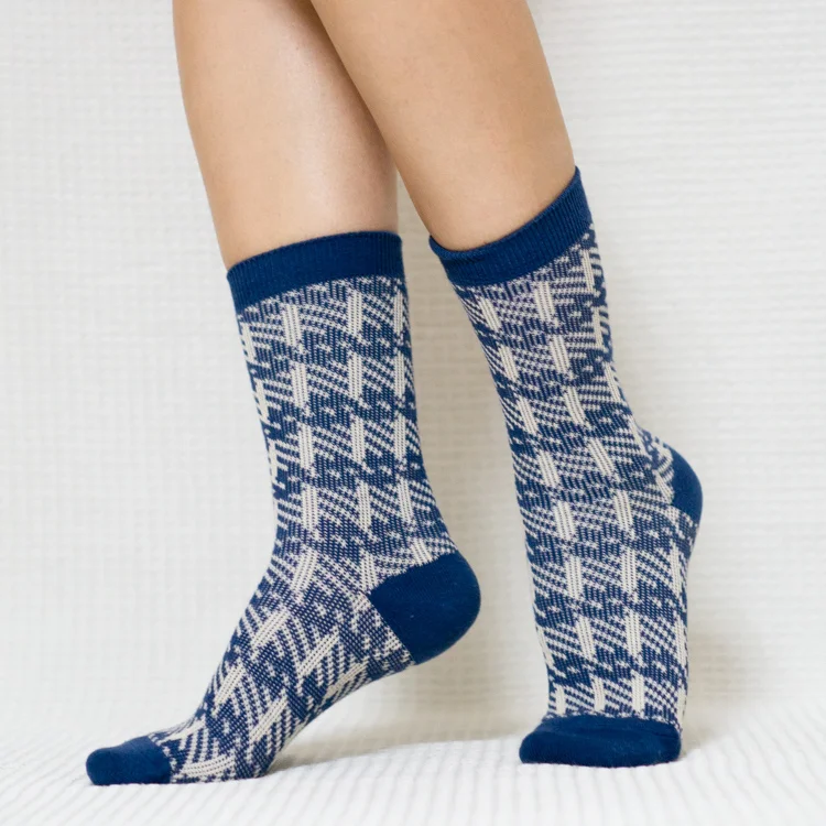 Blue White Plaid Quarter Combed Cotton Socks for Women
