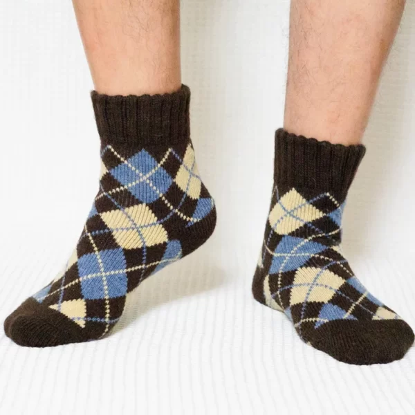 Brown Argyle Print Quarter Wool Socks for Men