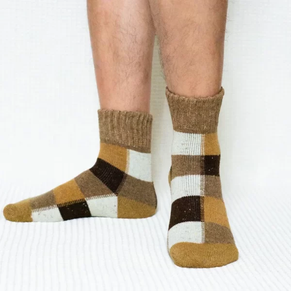 Brown Colored Plaid Quarter Wool Socks for Men
