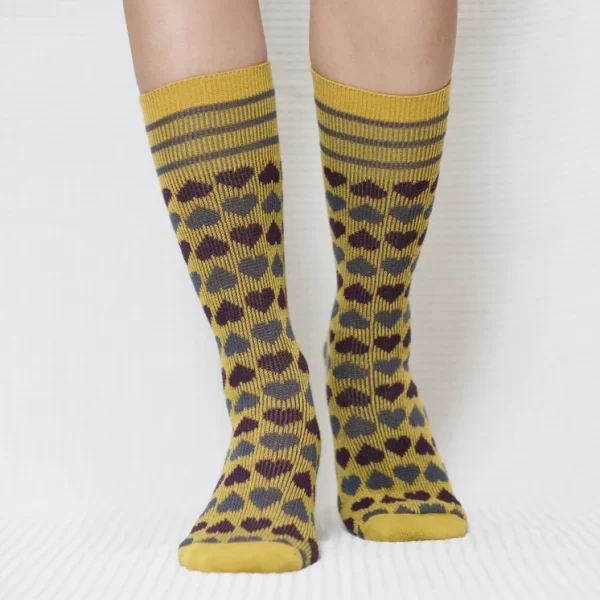 Yellow Candy Heart Calf Combed Cotton Socks for Women
