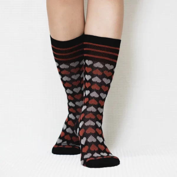 Black Candy Heart Calf Combed Cotton Socks for Women