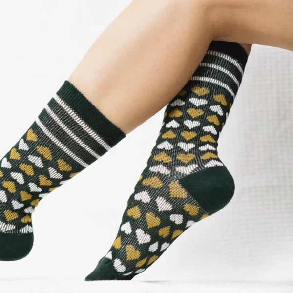 Green Candy Heart Quarter Combed Cotton Socks for Women