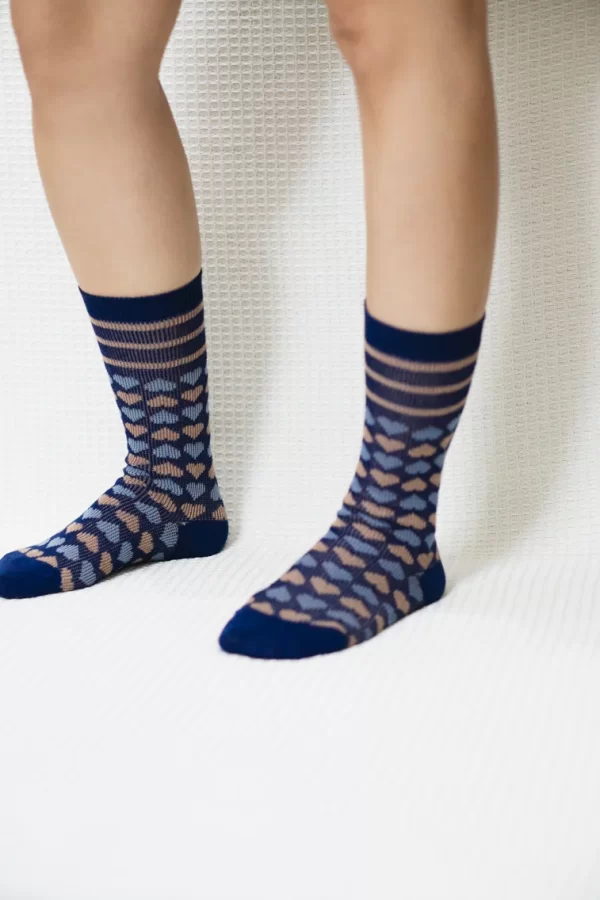 Blue Candy Heart Quarter Combed Cotton Socks for Women