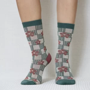 Green Checkered Flower Quarter Combed Cotton Socks for Women