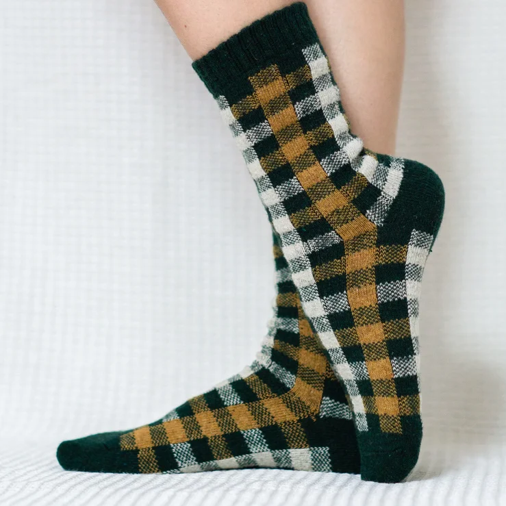 Green Checkered Wool Quarter Socks for Women