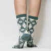 Green Diamond Flower Quarter Combed Cotton Socks for Women
