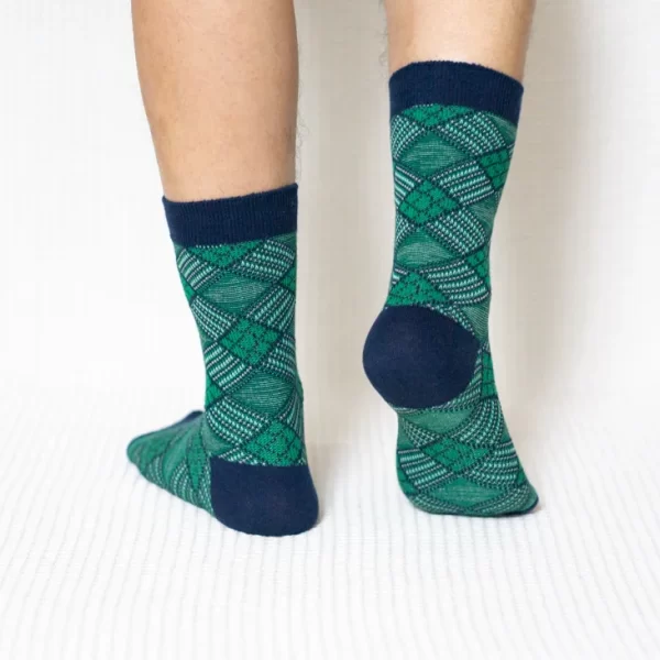 Green Diamond Grid Quarter Combed Cotton Socks for Men