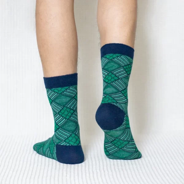 Green Diamond Grid Quarter Combed Cotton Socks for Men