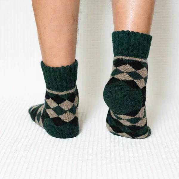 Green Diamond Pattern Quarter Wool Socks for Men
