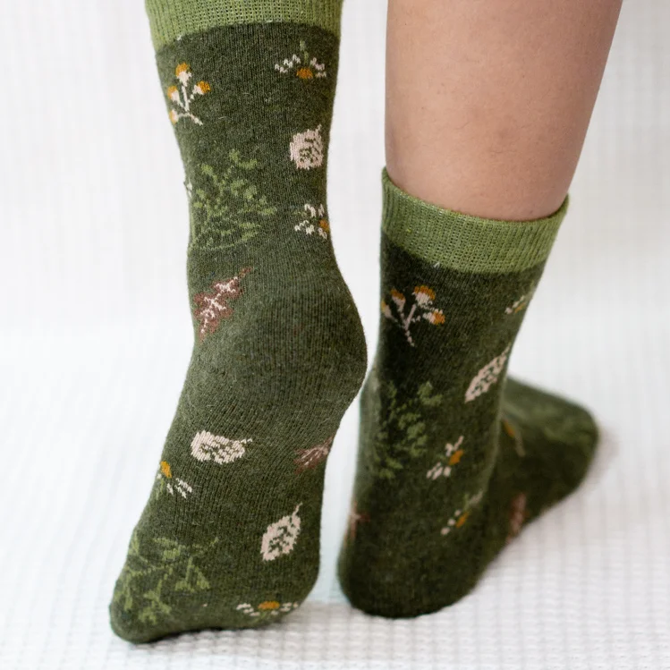 Green Flower Print Quarter Wool Socks for Women