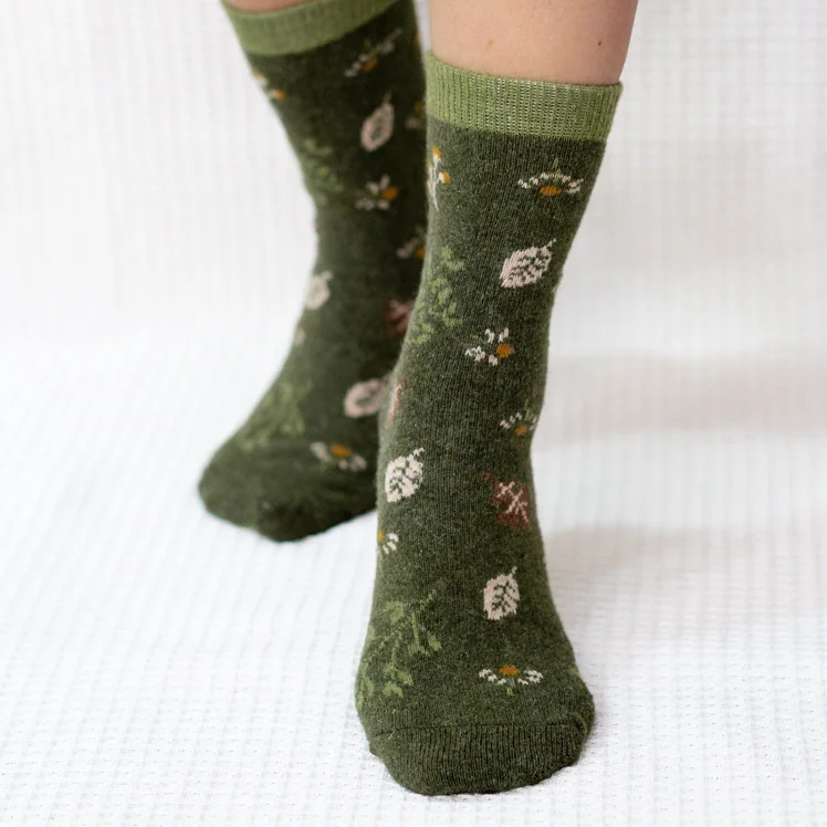 Green Flower Print Quarter Wool Socks for Women
