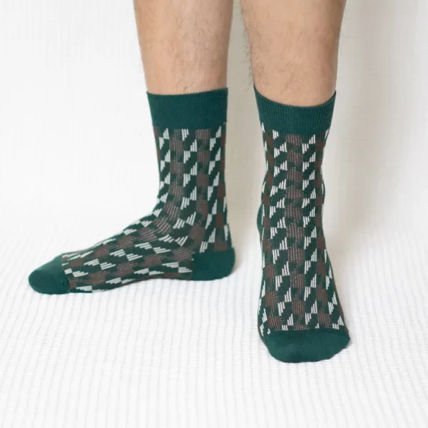 Green Houndstooth Quarter Combed Cotton Socks for Men