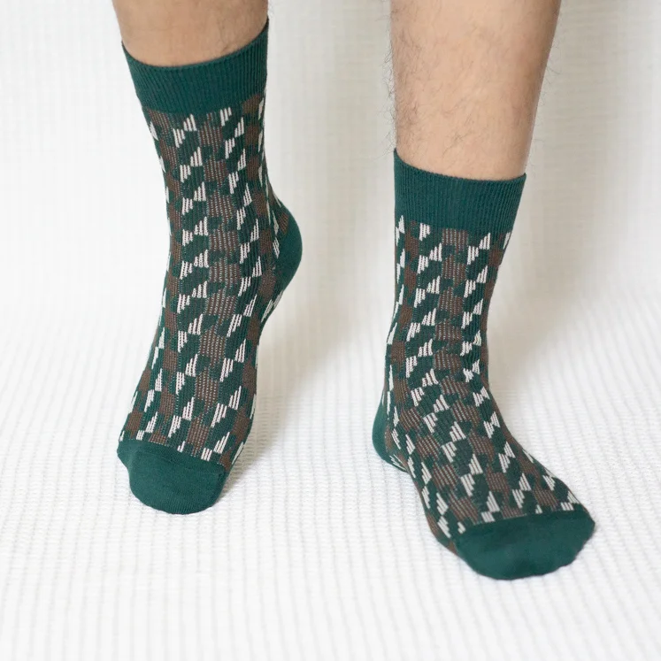 Green Houndstooth Quarter Combed Cotton Socks for Men