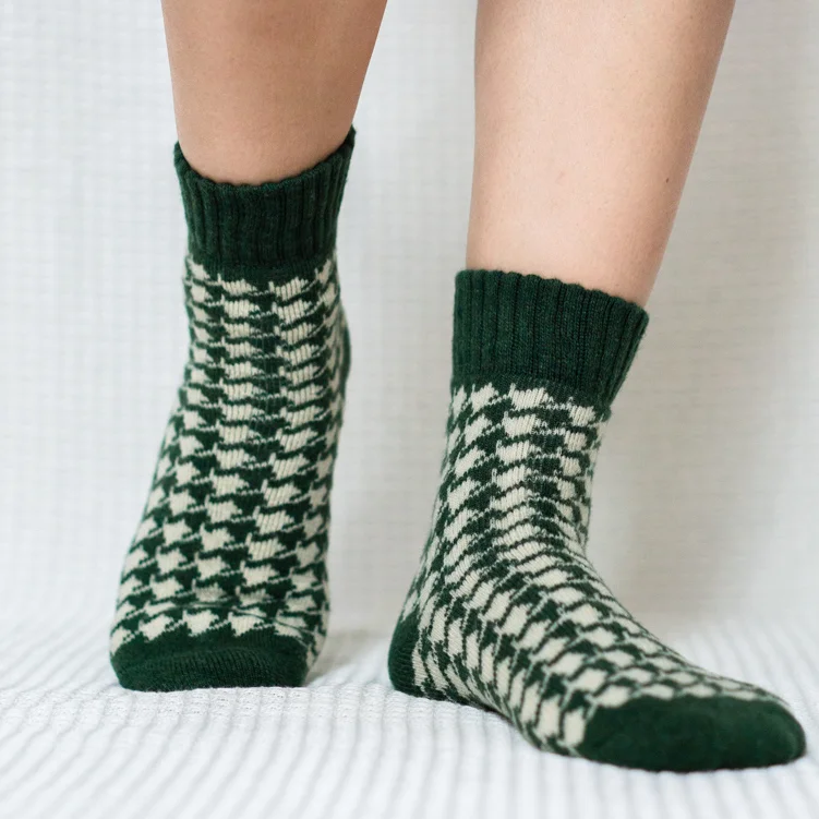 Green Houndstooth Quarter Wool Socks for Women