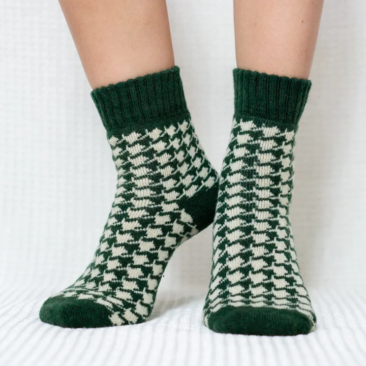 Green Houndstooth Quarter Wool Socks for Women