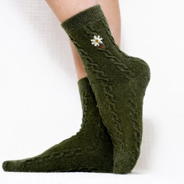 green floral embroidered wool quarter socks for Women