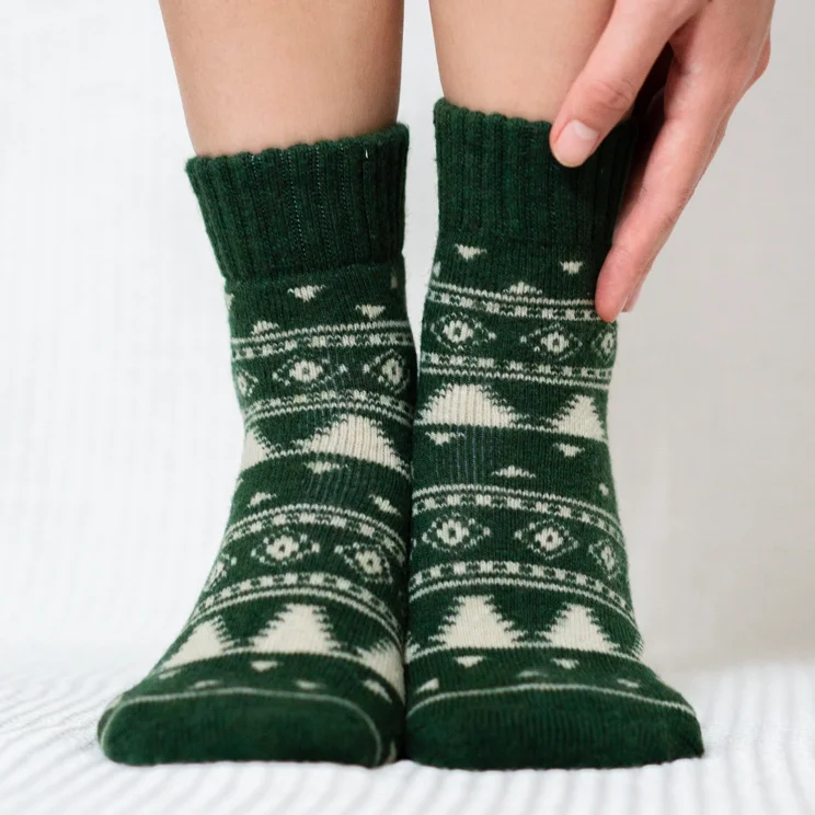 Green Tree Pattern Quarter Wool Socks for Women