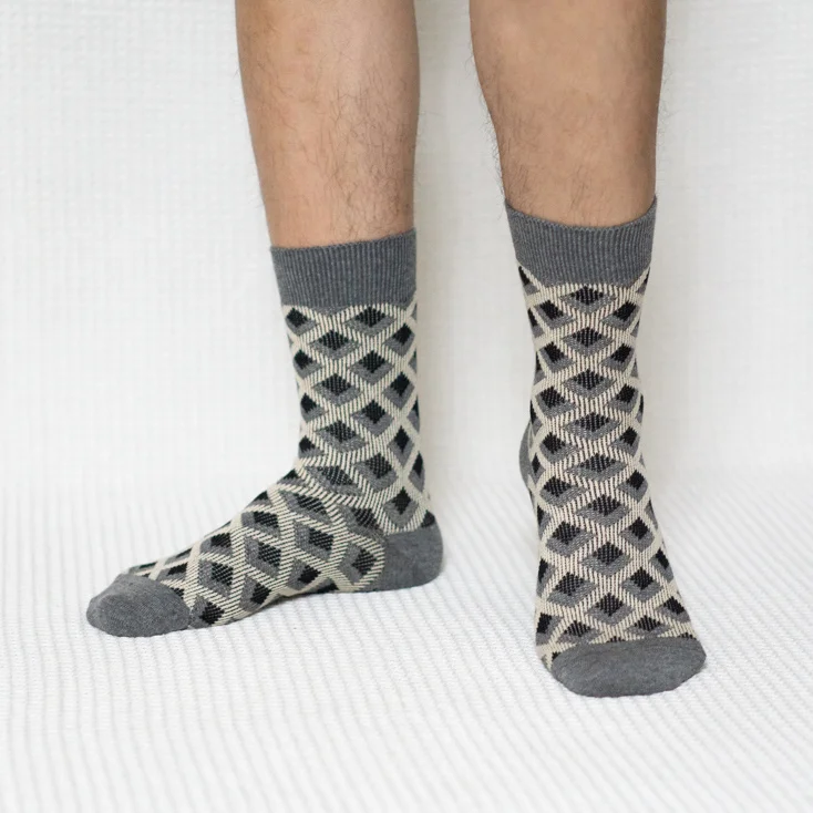 Grey Black Diamond Quarter Combed Cotton Socks for Men
