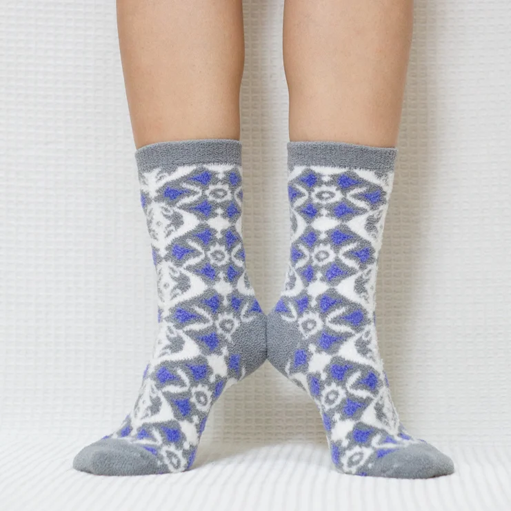Grey Blue Snowflake Quarter Socks for Women