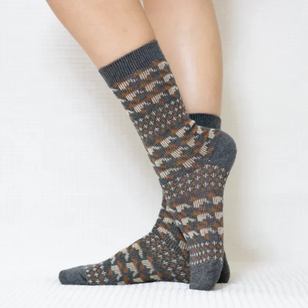 Grey Houndstooth Quarter Combed Cotton Socks for Women