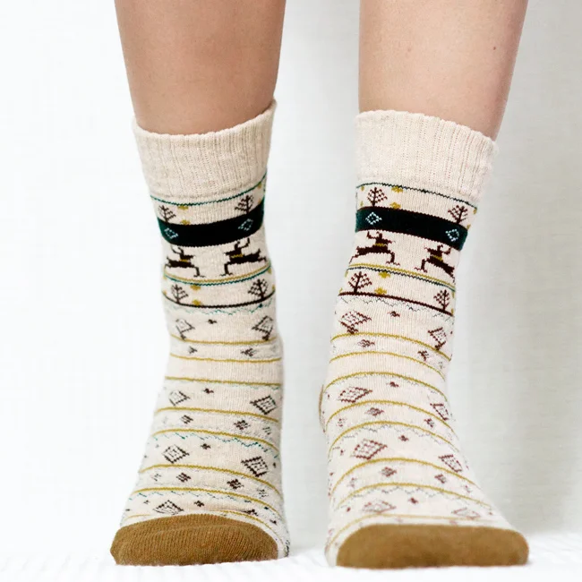 Khaki Reindeer Quarter Wool Socks for Women