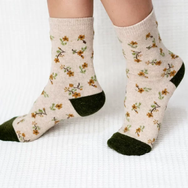 Khaki Floral Print Quarter Wool Socks for Women