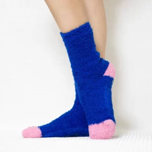 Navy Blue Contrast Fuzzy Quarter Socks for Women