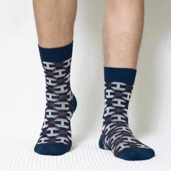 Navy Blue Geometric Quarter Combed Cotton Socks for Men