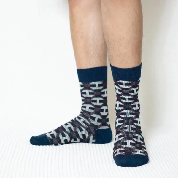 Navy Blue Geometric Quarter Combed Cotton Socks for Men