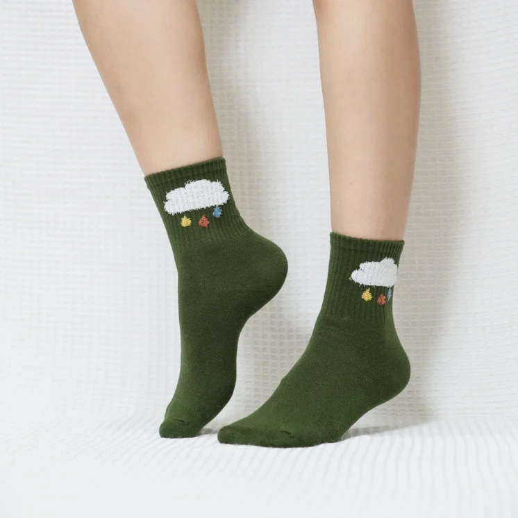 Olive Green Cloud Quarter Combed Cotton Socks for Women