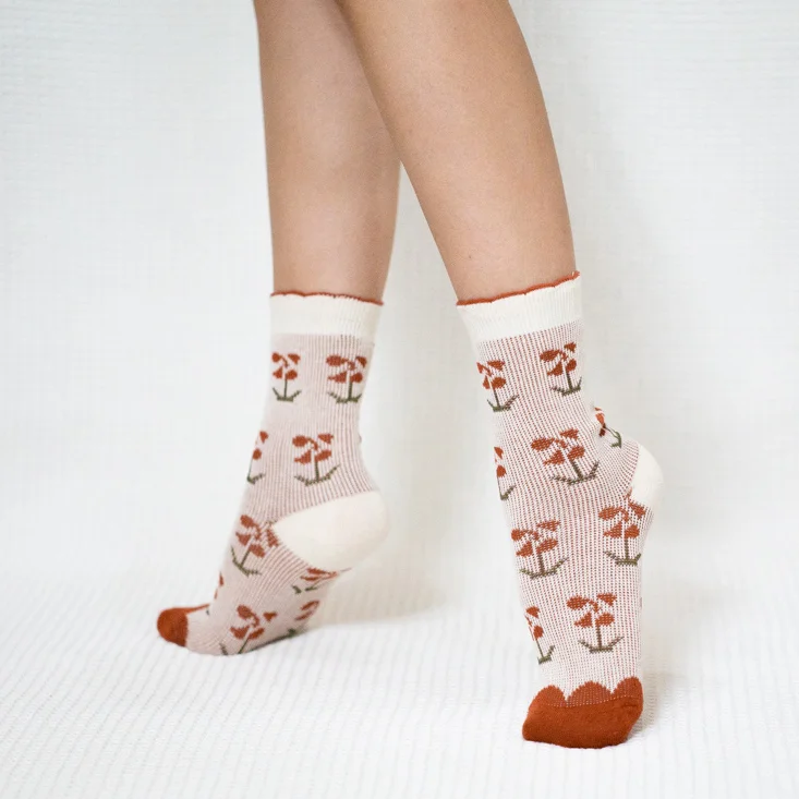 Orange Flower Quarter Combed Cotton Socks for Women