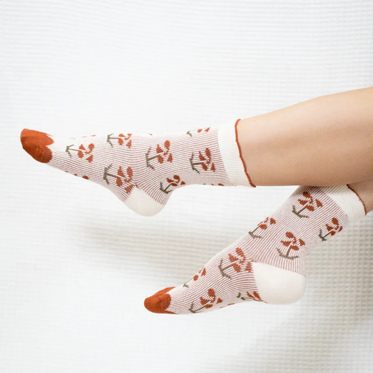 Orange Flower Quarter Combed Cotton Socks for Women
